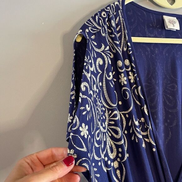 In Bloom Blue/Cream Embroidery-Inspired Screenprint Short Sleeve Robe | SZ XL - Picture 11 of 12